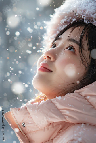 Asian woman gazing upward in a snowy landscape, wearing a pink winter jacket with snowflakes falling