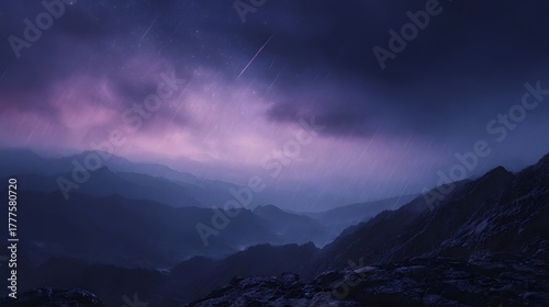 Fototapeta Naklejka Na Ścianę i Meble -  Dramatic mountain landscape under a twilight sky with rain and meteor showers