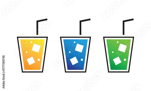 Colorful Drink Glasses with Ice Cubes and Straws Vector Design