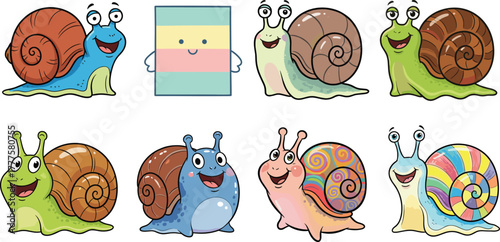 Cartoon snail character set with colorful shells and square friend, playful nature illustrations, kids vector design, stylized garden icons