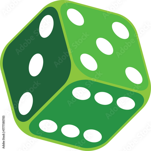 Green Dice Icon with White Dots in 3D Perspective Vector