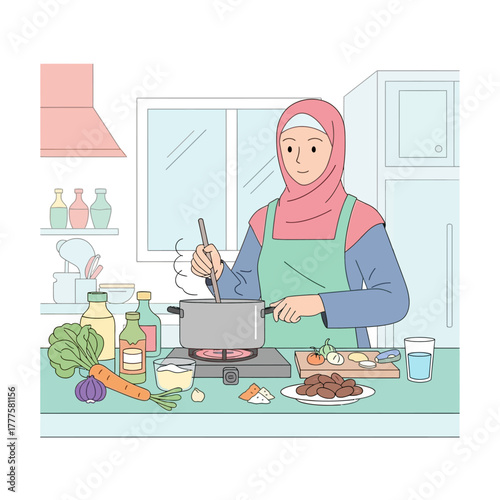 Woman in hijab cooking a meal in a bright kitchen, stirring a pot on the stove with various ingredients around, creating a warm and inviting atmosphere.