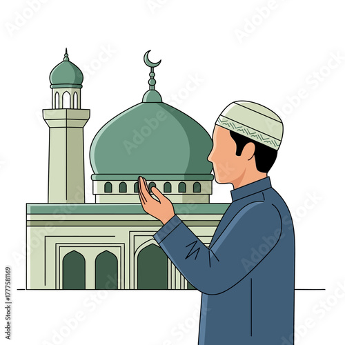 Muslim man praying in front of a mosque with dome and minaret, expressing faith and devotion in a peaceful religious setting.