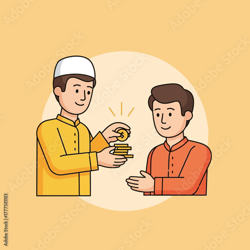Muslim man giving zakat or alms to another man in need, demonstrating islamic charity and compassion during ramadan, conveying generosity and community spirit.