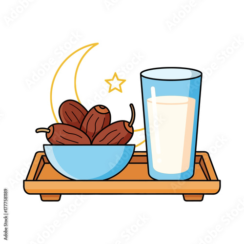 Dates and milk sit on wooden tray, representing traditional iftar meal during ramadan, conveying cultural significance and festive spirit.
