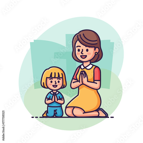 Mother and child praying together in front of a church, seeking guidance and expressing faith with reverence and devotion.