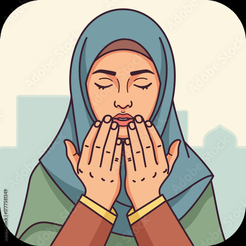 Muslim woman in hijab praying with hands raised in serene spiritual contemplation during ramadan, seeking blessings and guidance from allah.