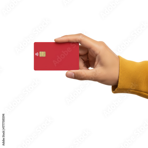 Person's hand displays a vibrant red credit card against an isolated transparent backdrop