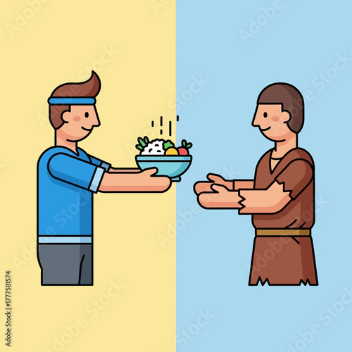 Man offers healthy salad to another man in need, symbolizing charity and compassion on a split blue and yellow backdrop, conveying a message of kindness.