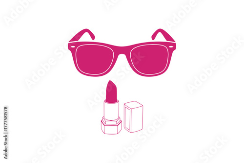 Stylish sunglasses and vibrant lipstick accessories on a clean white background