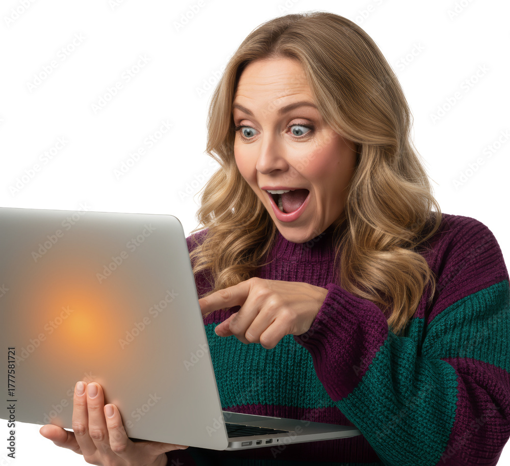 Naklejka premium Woman with surprised expression looks at laptop on a transparent background