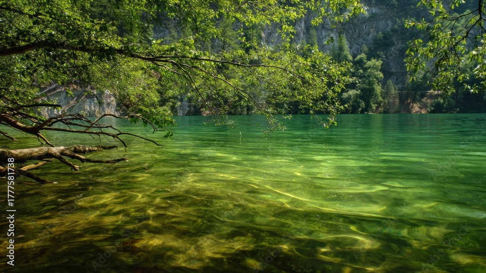 Obraz premium Serene lake with overhanging trees in sunlit forest. AI image