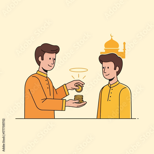 Man giving zakat to another man in front of mosque during ramadan, showing islamic charity and compassion.