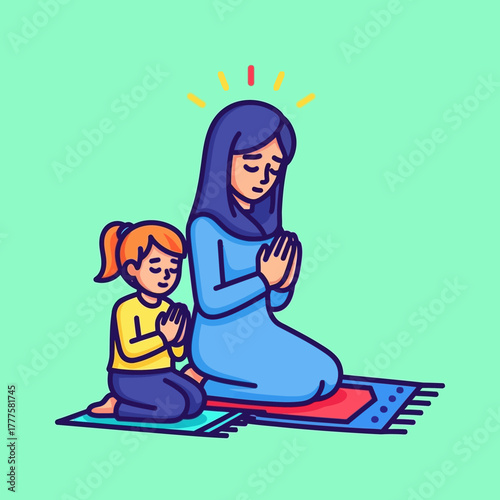 Muslim mother and daughter praying together on prayer rug in home, demonstrating faith and devotion during ramadan, expressing peace and spirituality.