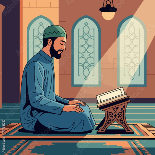 Muslim man praying in mosque near window with light shining on holy book in peaceful and spiritual atmosphere.