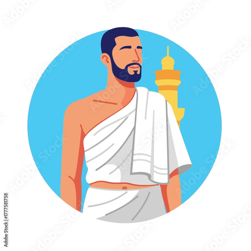 Muslim man wearing ihram clothing stands near a mosque during hajj pilgrimage, symbolizing faith and devotion in a spiritual journey.