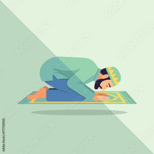 Muslim man praying on rug in mosque during ramadan, showing devotion and faith in spiritual practice.