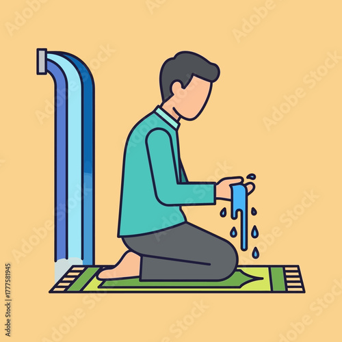 Muslim man performing ablution ritual before prayer in mosque with water flowing, demonstrating religious devotion and cleanliness.