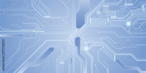 Abstract AI circuit board background. Technology connected white lines with electronics elements on tech bg. Computer motherboard with chip, and semiconductor. Elegant gray digital vector illustration