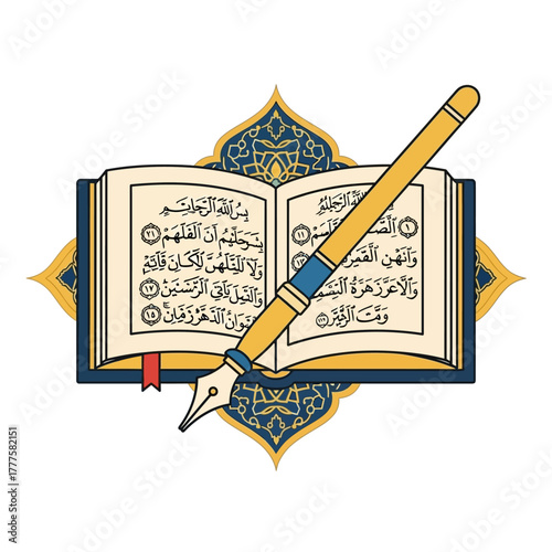 Open Quran book with Arabic calligraphy rests on ornate stand, symbolizing faith, knowledge, and spiritual reflection in a serene atmosphere.