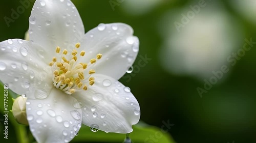 This exquisite close-up shot features a pristine white flower, its delicate petals beautifully adorned with glistening water droplets, creating a fresh and vibrant visual. The vibrant yellow stamens p