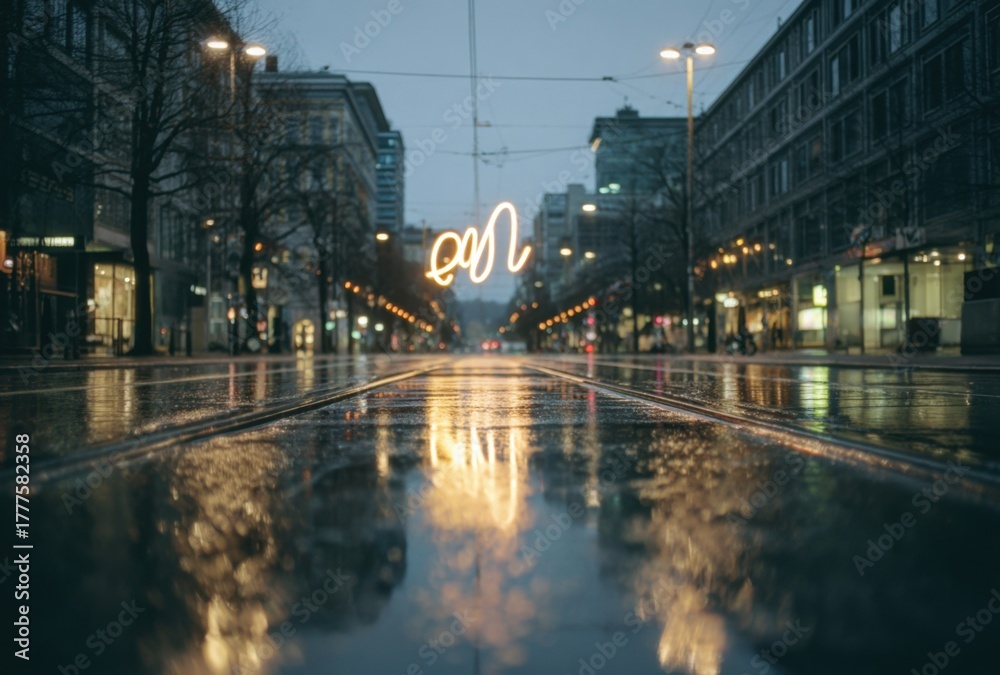 Obraz premium Empty city street at night with wet pavement reflecting streetlights and buildings