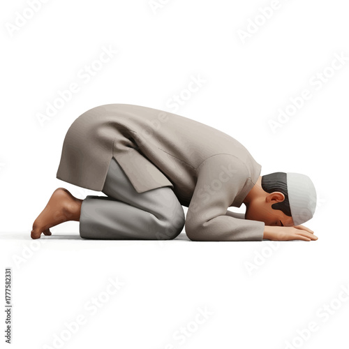 Muslim man prostrates in prayer on white floor, demonstrating faith and devotion in a quiet, spiritual moment, representing islamic tradition and submission.