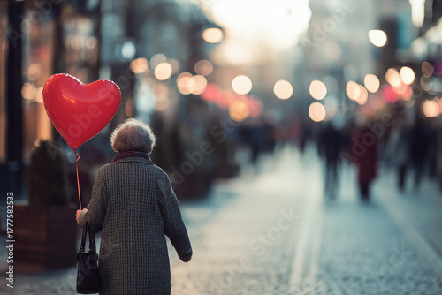 Senior woman walking with red heart balloon on Valentine’s Day
