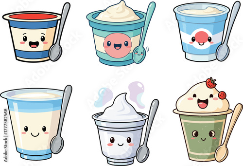 Cartoon yogurt cup character set, cute dessert illustrations, playful food clipart, kids vector design, whimsical snack icons, stylized creamy graphics