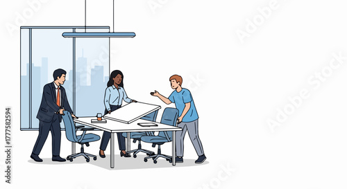 Diverse team in business meeting discussing project, brainstorming ideas in modern office. This business meeting involves colleagues planning new strategy and collaborating on whiteboard.