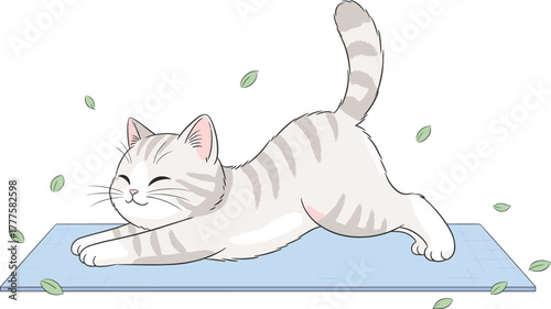 Cartoon yoga cat illustration stretching on mat, cute tabby character vector with leaves, playful wellness design for fitness, relaxation, and lifestyle projects