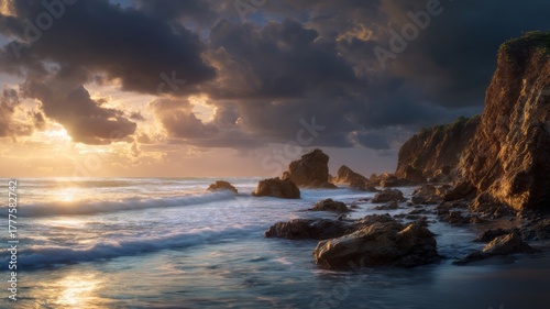 Dramatic coastal sunset over rocky shoreline. AI image