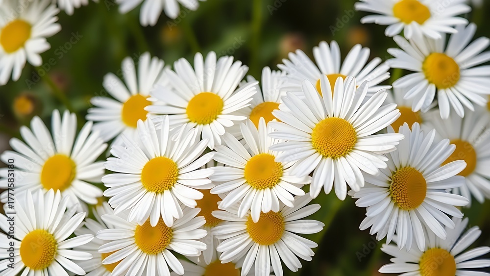 Fototapeta premium Cluster of fresh daisies with white petals and yellow centers in soft directional light.