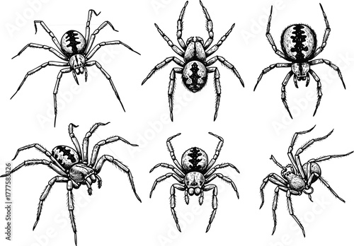 Detailed spider illustration set, black-and-white insect drawings, scientific arachnid clipart, stylized nature graphics, educational vector design, anatomical bug icons