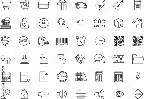 E-commerce and office line icon set with shopping cart, credit card, delivery truck, gift box, documents, gears, digital vector design for apps and websites