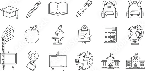 Education line icons, school learning symbols, academic illustration, classroom tools, study and knowledge vector set, teaching, university, student, science, creative design
