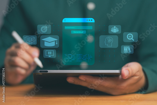 Person using digital tablet with AI interface and education icons, symbolizing artificial intelligence technology, e-learning innovation, knowledge generation, and digital transformation concept.