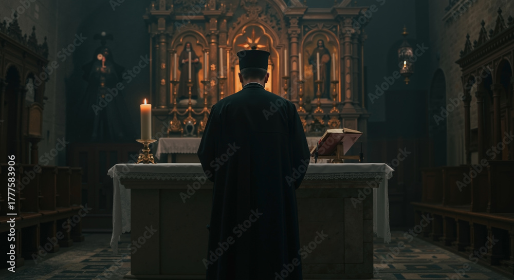 Naklejka premium Priest from behind stands at altar in dimly lit historic church. Solemn religious ceremony with candlelight. Faith, devotion, and spiritual worship concept
