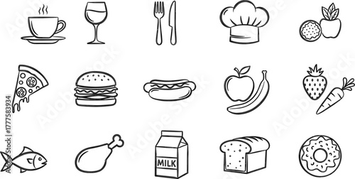 Food and drink icons, culinary line symbols, restaurant and kitchen vector set, meal, snack, beverage, cooking, dining, grocery, nutrition illustration