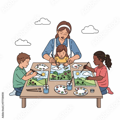 Children painting colorful landscapes with bright paintbrushes. Kids painting landscape scenes at art class, learning to express their creativity and imagination together.