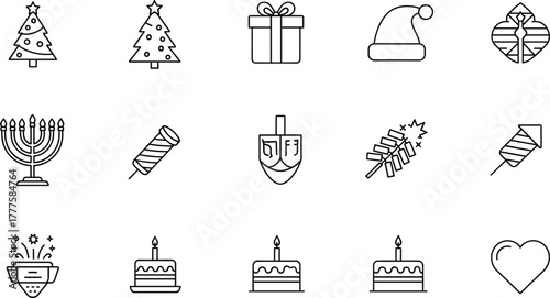 Holiday and celebration icons, festive line symbols, Christmas, Hanukkah, birthday, party, love, gift, cake, fireworks, seasonal vector design illustration setHoliday and celebration icons, festive li