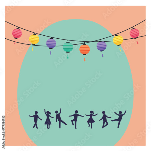 Lanterns and dancing figures against a teal backdrop perfect for festival promotions, event posters, and culturalthemed designs requiring dynamic visuals.