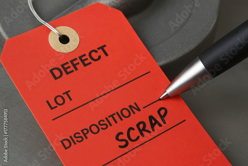 Defect tag with scrap disposition written on red label and pen on metal surface representing quality control in manufacturing industry process