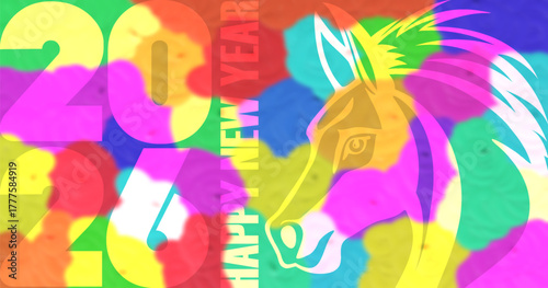 Vector bright color holiday poster. 2026. Happy New Year. Graphic portrait of horse. Blurred spotted colorful background