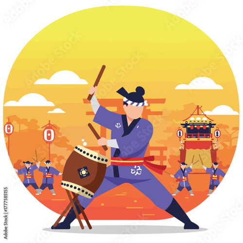 Japanese drummer energetically plays a taiko drum at festival suitable for cultural, music, festival, celebration, japanese, and performance concepts.