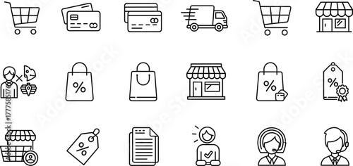 Shopping and retail icons, e-commerce line symbols, customer service illustration, online store vector set, payment, delivery, storefront, discount, purchase, consumer design
