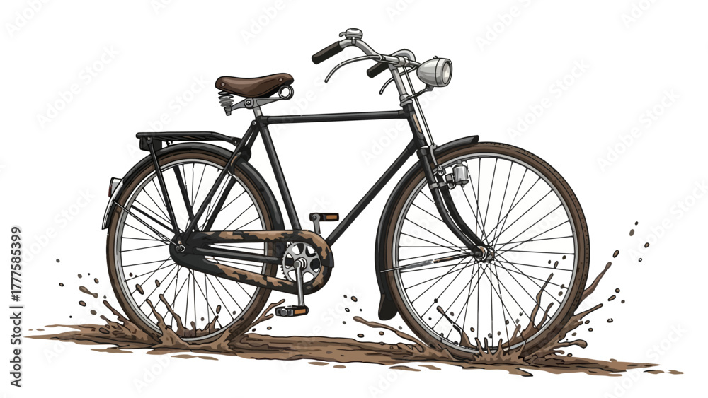 Fototapeta premium A black bicycle rides through a muddy puddle