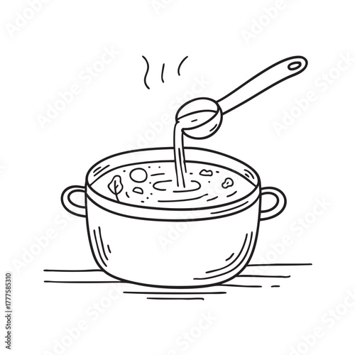 Deep pot with a ladle lifting a portion of vegetable broth