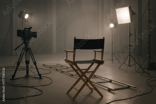A realistic cinematic studio scene featuring an empty director’s chair surrounded by professional film equipment and soft neutral lighting, conveying calm anticipation and creative focus.