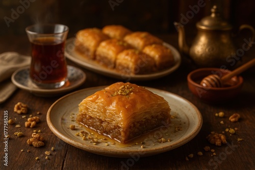 A realistic close-up of a traditional Middle Eastern baklava dessert served on a rustic ceramic plate with honey glaze, pistachios, and walnuts, accompanied by tea and a brass teapot in a warm, cozy s